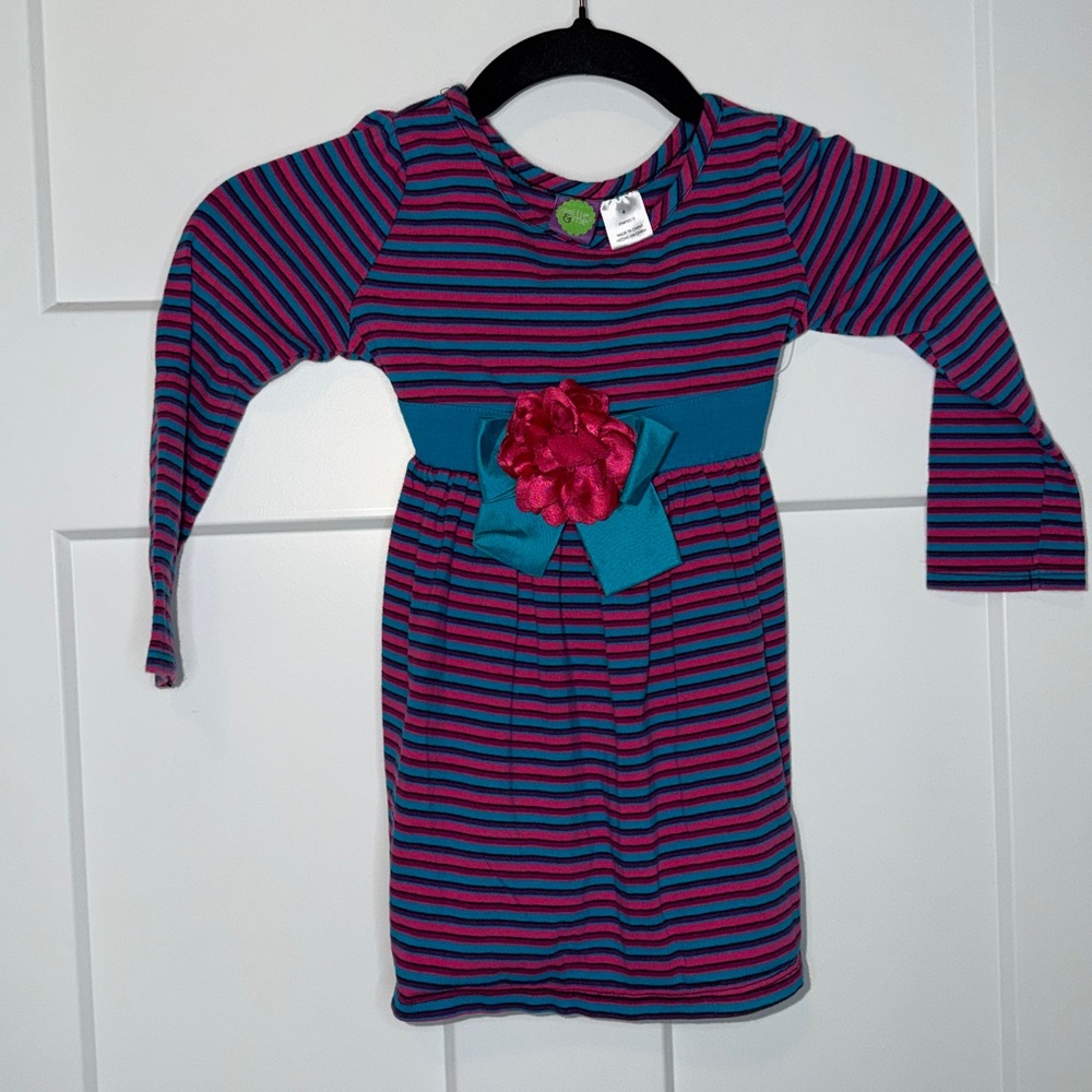 Dollie & Me Floral Belt Striped Long Sleeve Dress